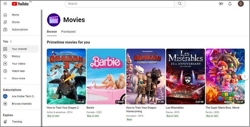 youtube movies homepage