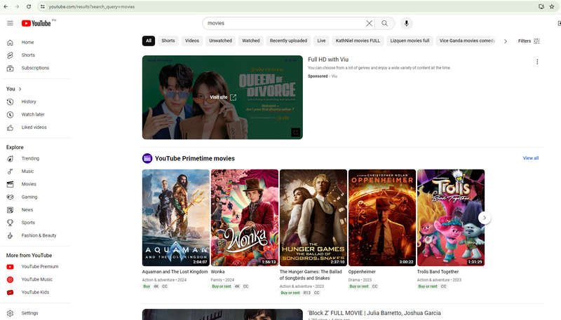 youtube movie homepage