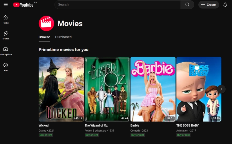 youtube movies interface