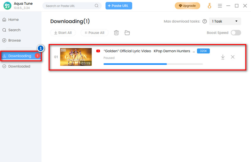 click downloading tab and check the track