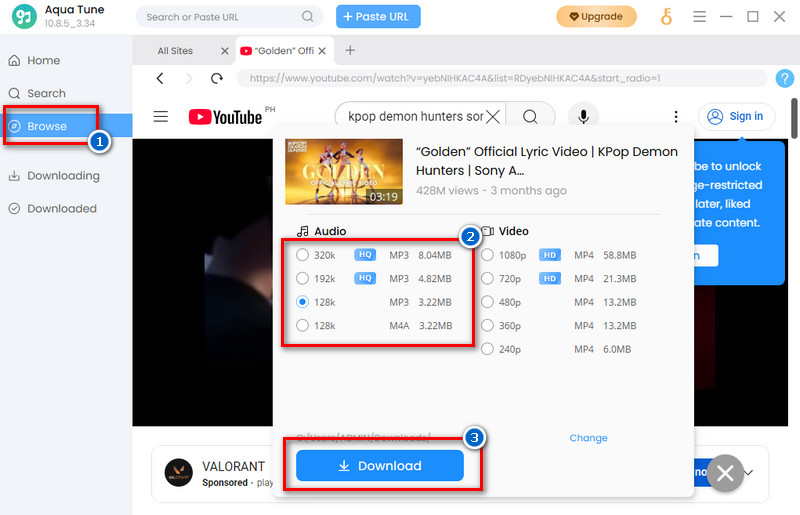 click browse, select website and select quality